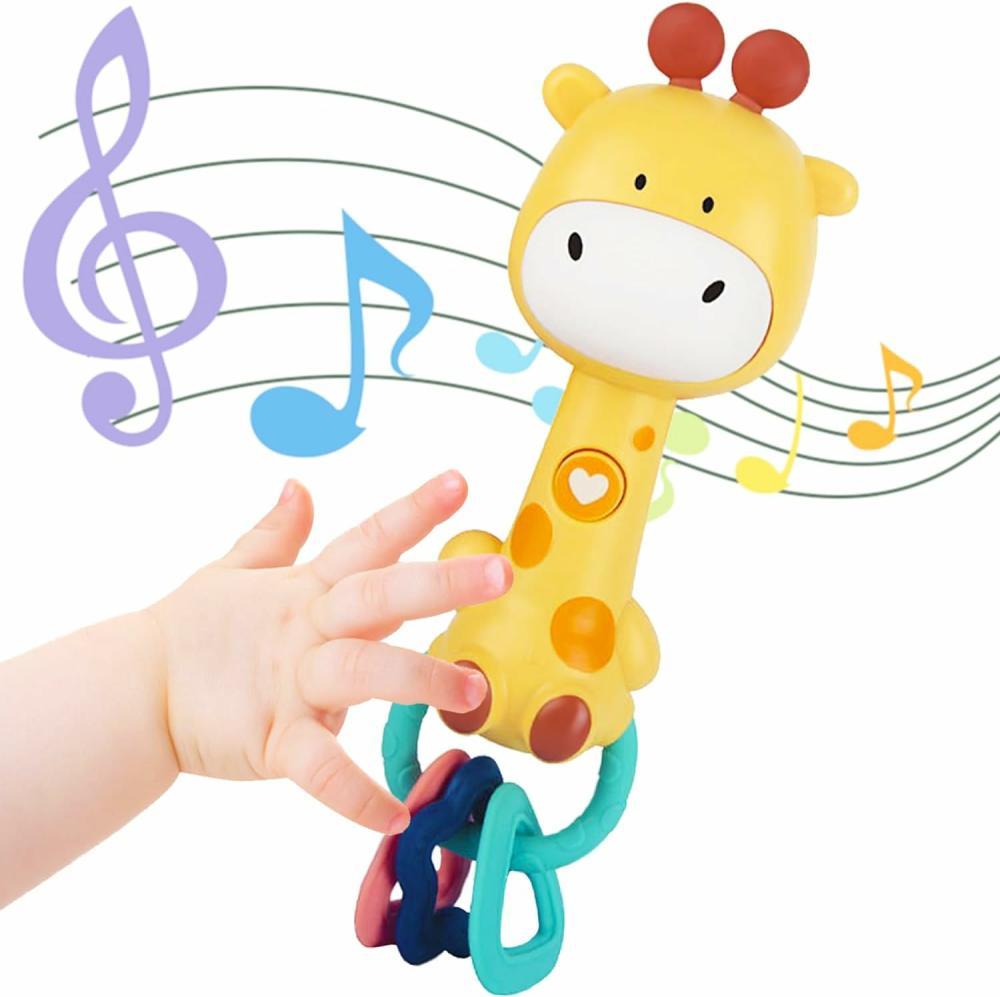 Hochets et anneaux en peluche  | Jouet de hochet musical pour bébé 6-12 mois, jouets de dentition pour bébé avec musique et lumière, jouets d’apprentissage pour tout-petits avec musique et lumière, jouets pour nouveau-nés, cadeaux pour bébés garçons et filles (girafe)