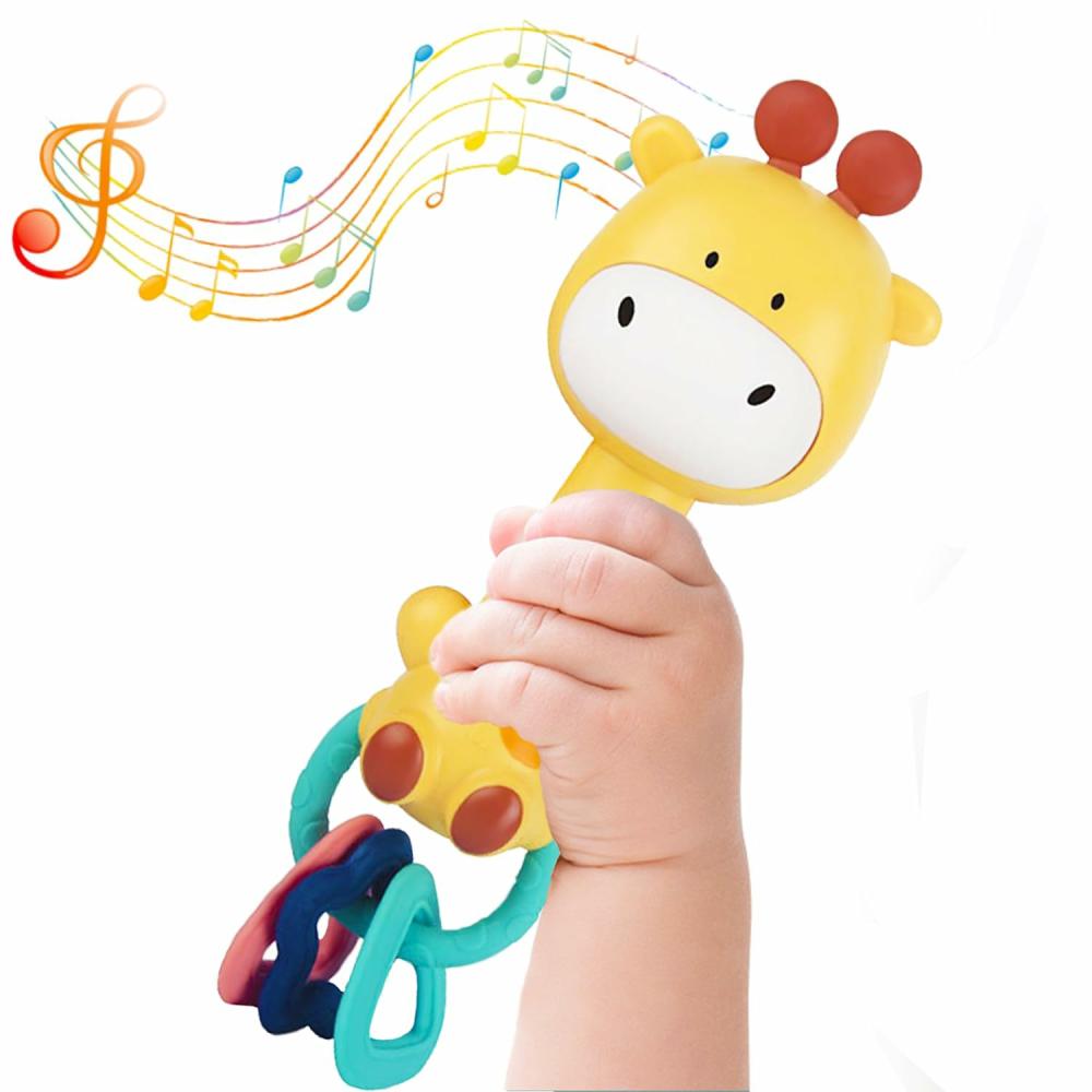 Hochets et anneaux en peluche  | Jouet de hochet musical pour bébé – Jouet de dentition pour nourrissons de 6 à 12-18 mois – Jouets sensoriels pour tout-petits – Cadeaux pour garçon et fille (Girafe)