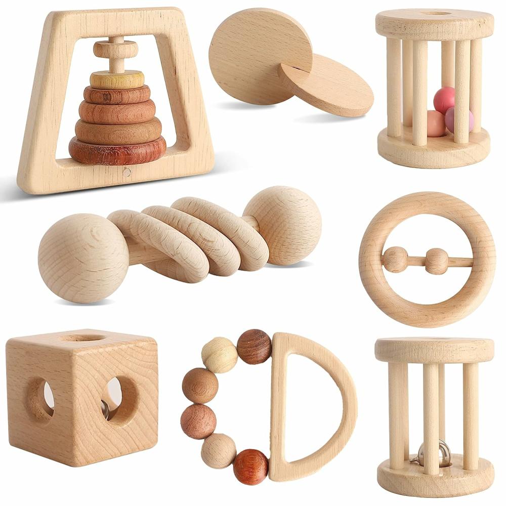 Hochets et anneaux en peluche  | Jouet en Bois pour Bébé 8 Pièces – Jouets Montessori pour Bébés de 1 à 3 Ans – Ensemble de Hochets en Bois pour Développement Sensoriel et Préhension – Cadeau pour Garçons et Filles Bébé (Bois Naturel)