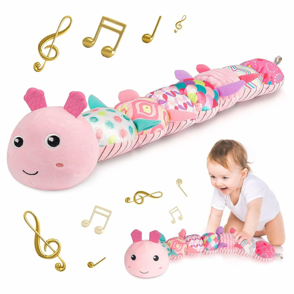 Hochets et anneaux en peluche  | Jouet en peluche musical pour bébé avec activités multi-sensorielles, crinkle, hochet et textures douces pour le temps sur le ventre, nouveau-nés 0-3-6-12 mois, filles, chenille rose.