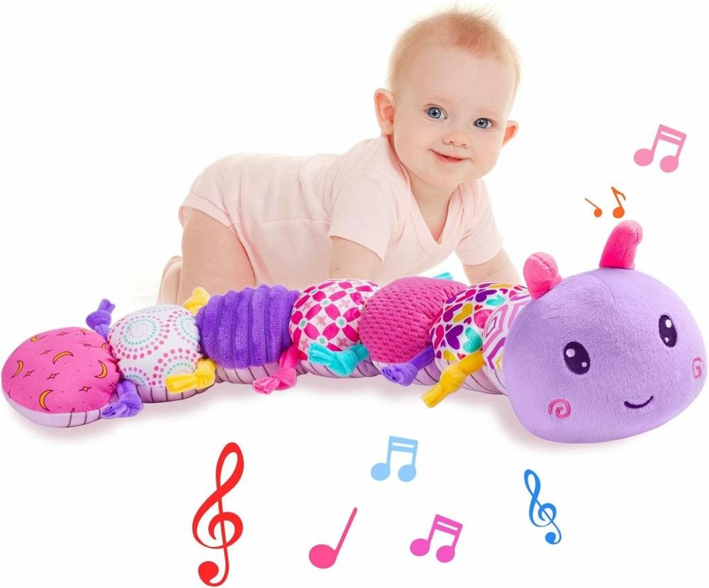 Hochets et anneaux en peluche  | Jouet pour bébé 0-12 mois, peluche musicale pour nourrisson avec crinkle multisensoriel, hochet et textures, jouet pour fille, cadeau d’anniversaire, chenille, violet.