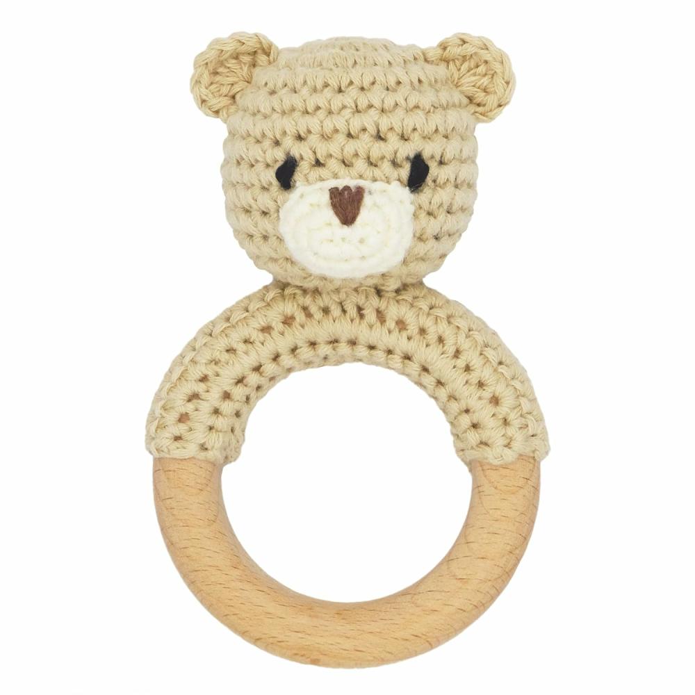 Hochets et anneaux en peluche  | Jouets de hochet en bois d’animaux de safari pour bébé, hochet en peluche au crochet avec anneau de dentition pour nouveau-nés – Ours beige