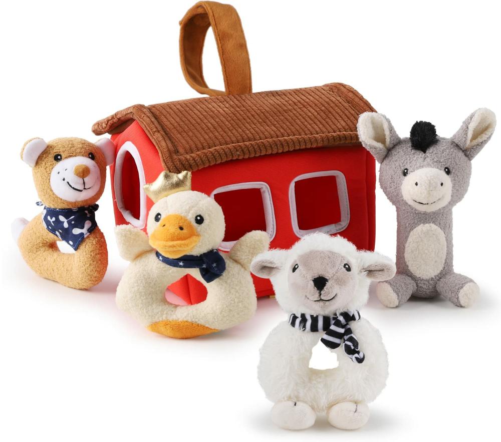 Hochets et anneaux en peluche  | Jouets de hochet en peluche pour bébés – Ensemble d’animaux en peluche de ferme doux pour nouveau-nés – Développement sensoriel des mains pour nourrissons – Cadeaux pour filles et garçons – Idéal pour Pâques, anniversaires et paniers de cadeaux pour les bébés de 3, 6, 9, 12 mois et 1 an.