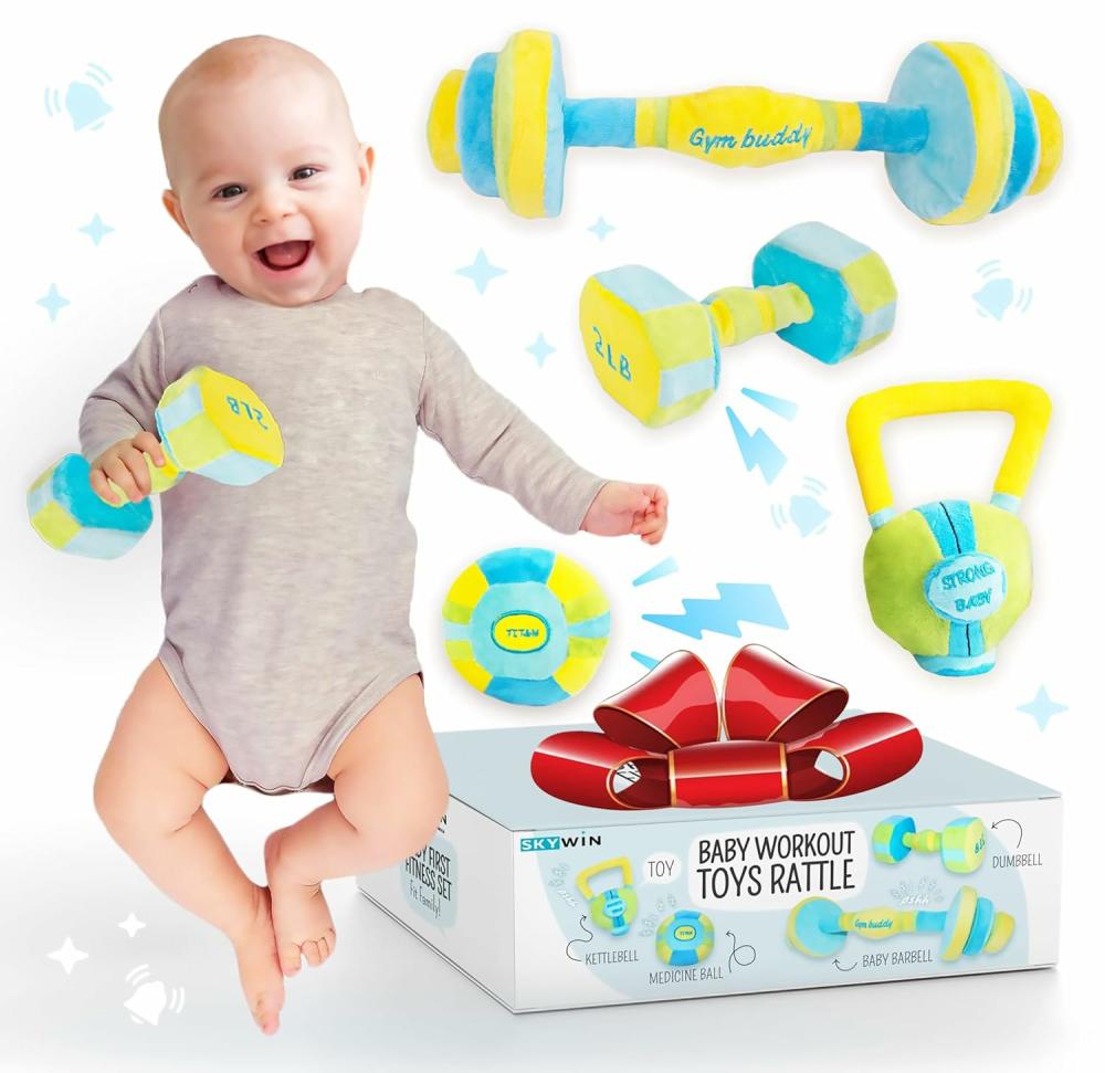 Hochets et anneaux en peluche  | Jouets d’entraînement pour bébés – Ensemble de 4 hochets en peluche doux, durables et sûrs pour bébés dès la naissance.