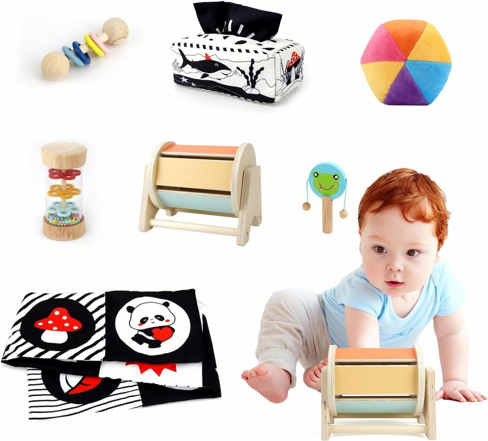 Hochets et anneaux en peluche  | Jouets Montessori pour bébés de 0 à 6 mois – Ensemble éducatif 7 en 1 pour nouveau-nés – Jouets pour 6-12 mois – Ballon arc-en-ciel – Livres en noir et blanc pour bébé – Boîte à mou tissues – Jouet tambour tournant – Jouet hochet