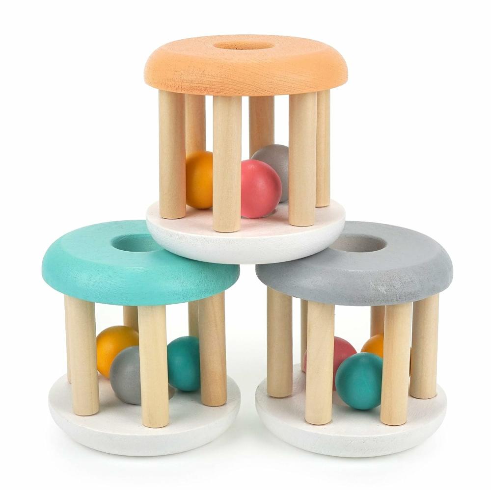 Hochets et anneaux en peluche  | Jouets Montessori pour bébés en bois naturel – Jouet hochet à roulettes pour enfants de 0 à 2 ans (Base blanche – 3 pièces)