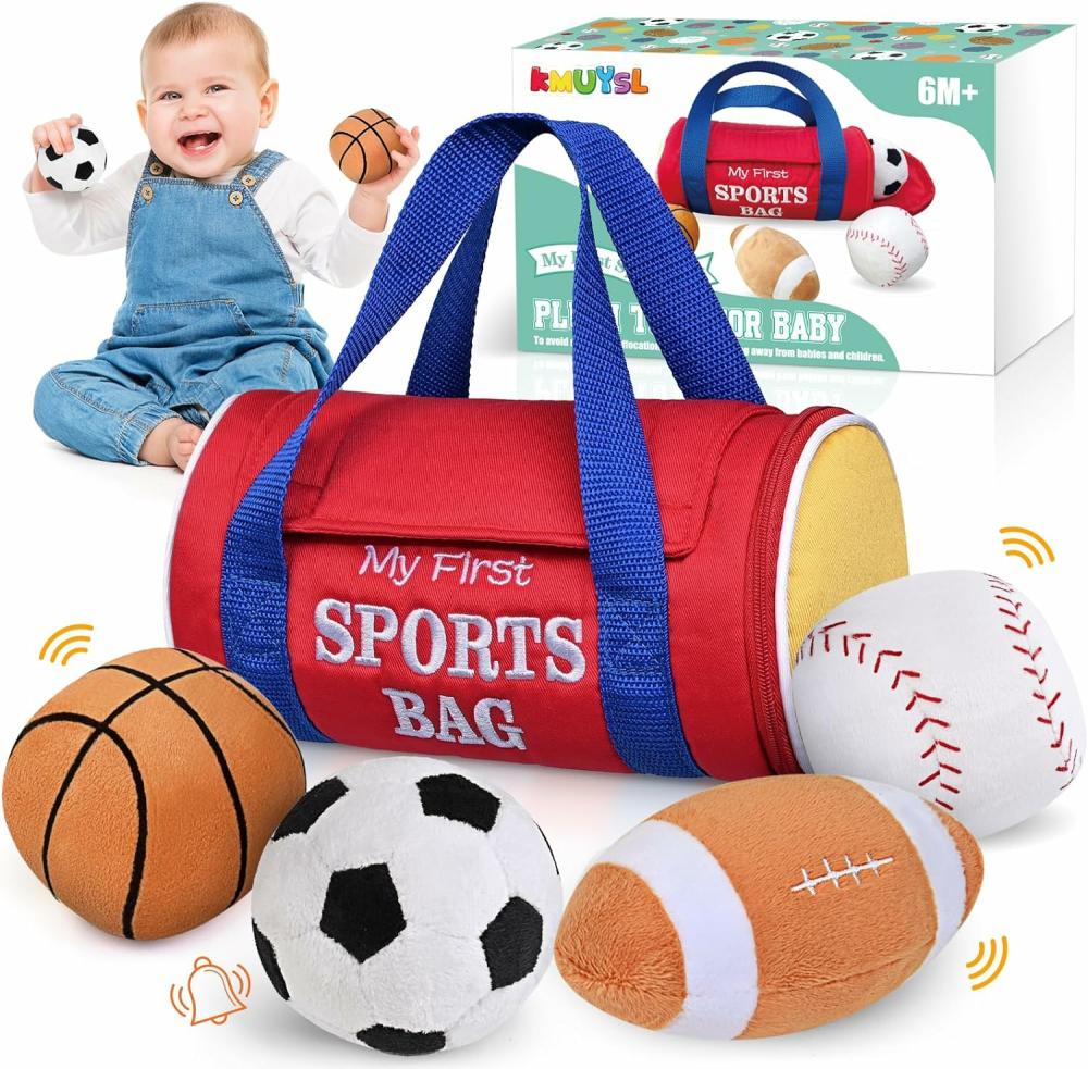 Hochets et anneaux en peluche  | Jouets pour bébés 0-12 mois – Mon premier sac de sport jouet en peluche – 4 balles sensorielles jouets doux avec papier froissé – Hochets pour nouveau-nés de 0-3-6-9-12 mois – Idéal pour le 1er anniversaire des bébés garçons et filles de 1 an et plus.