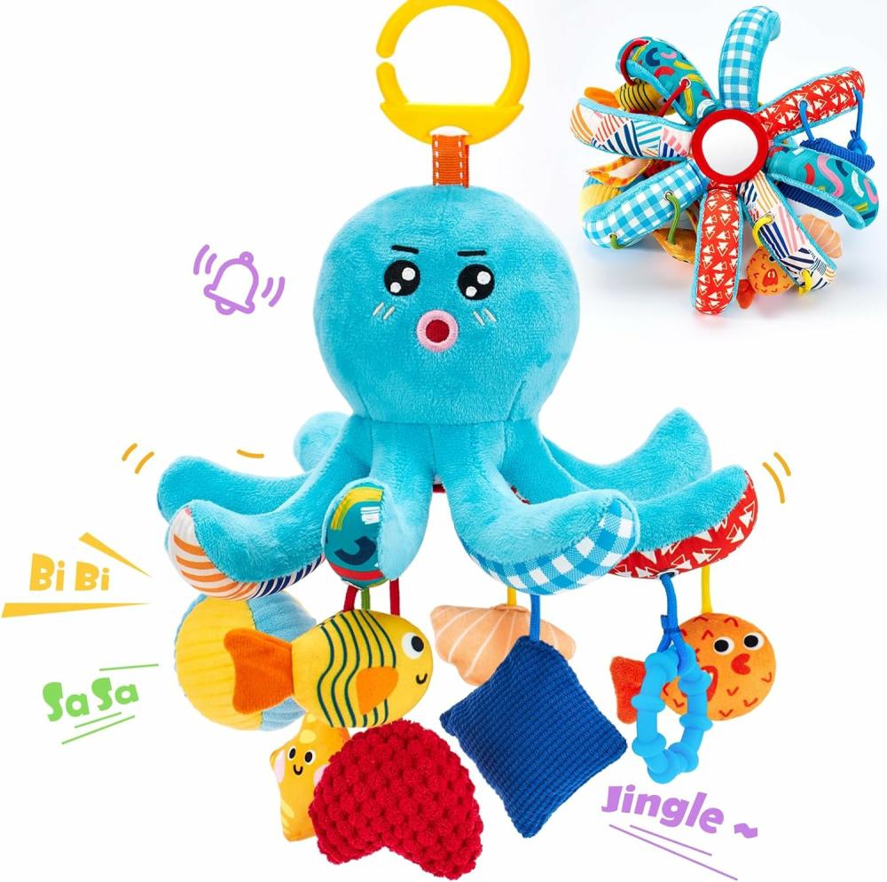 Hochets et anneaux en peluche  | Jouets pour bébés 0-6 mois – Jouet pieuvre avec cordons à tirer, bruiteur, crinkle, hochet, miroir – Jouets de développement pour bébés 3-6 mois – Cadeaux pour bébés