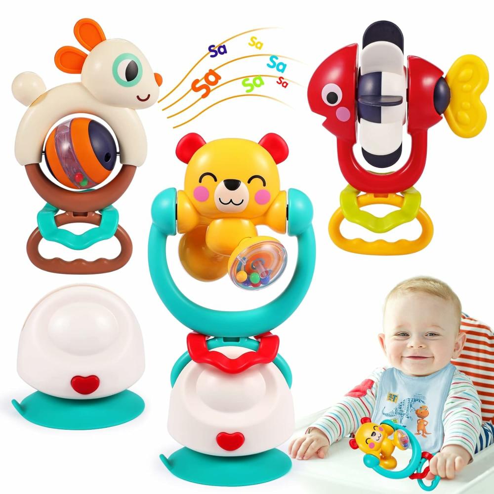 Hochets et anneaux en peluche  | Jouets pour bébés 6-12 mois – Ensemble de 3 jouets pour nourrissons avec ventouse pour chaise haute, hochets et jouets de dentition pour bébés de 6, 7, 9, 12-18 mois – Jouet de plateau de développement sensoriel 2-en-1 – Cadeaux pour bébés garçons et filles – Remplissages de paniers de Pâques.