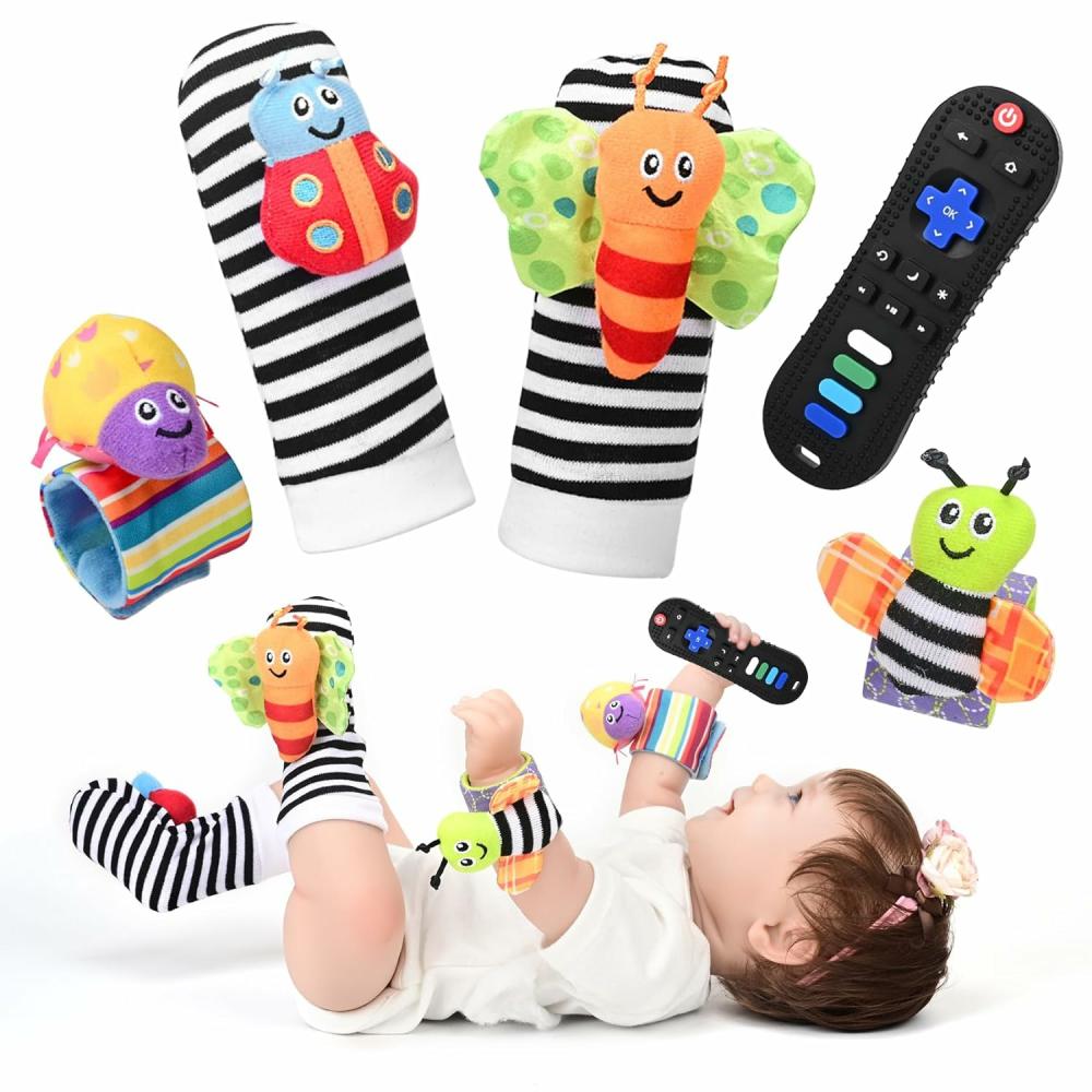 Hochets et anneaux en peluche  | Jouets pour bébés 6-12 mois – Jouets de dentition en silicone doux et développementaux, chaussettes de poignet, hochet pour bébés de 0 à 6 mois, jouet de dentition en forme de télécommande, jouets à mâcher pour tout-petits garçons et filles (Noir)