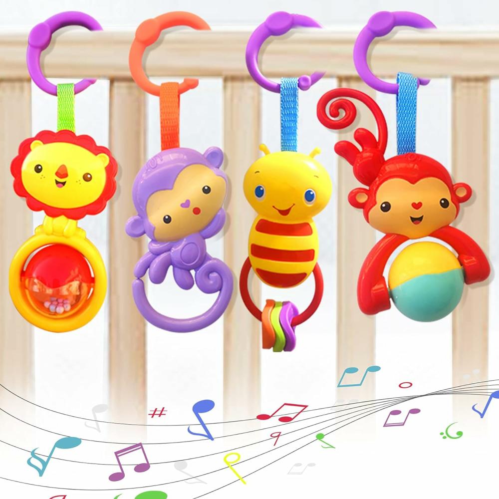 Hochets et anneaux en peluche  | Jouets pour bébés – Hochets suspendus en forme d’animaux de dessin animé – Hochets à main – Jouets de lit pour bébé – Jouets de siège auto – Jouets de poussette pour nourrissons – Meilleur cadeau d’anniversaire pour nouveau-né – Pack de 4