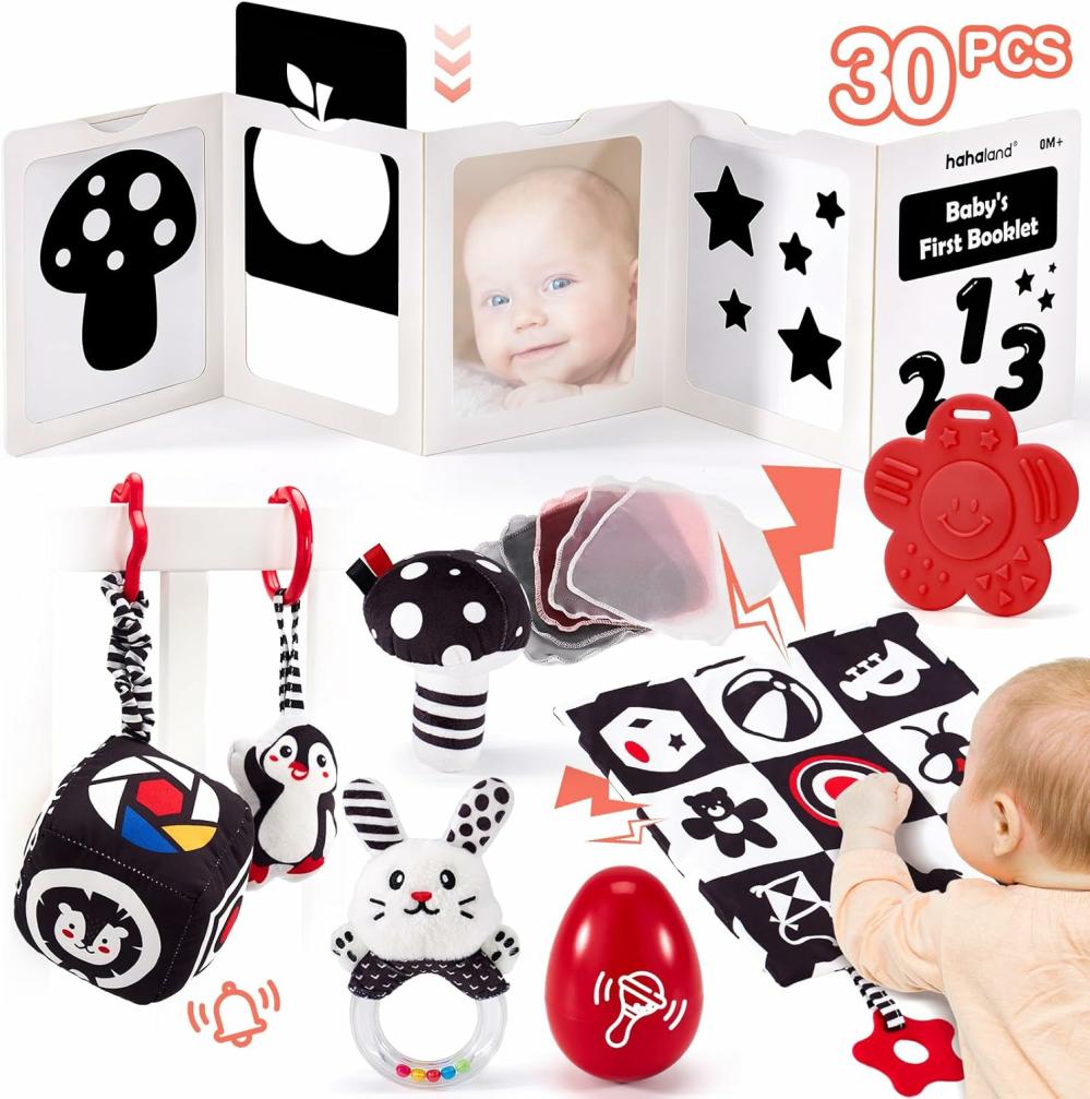 Hochets et anneaux en peluche  | Jouets pour nouveau-nés de 0 à 6 mois – 30 pièces de jouets sensoriels pour bébés en noir et blanc, jouets Montessori à fort contraste pour nourrissons de 0, 3 et 6 mois, apprentissage précoce et développement cérébral, jouets pour le temps sur le ventre.