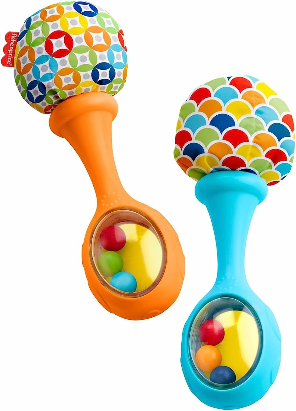 Hochets et anneaux en peluche  | Jouets pour nouveau-nés Fisher-Price – Maracas Rattle ‘N Rock – Ensemble de 2 instruments de musique doux pour bébés de 3 mois et plus – Bleu et Orange