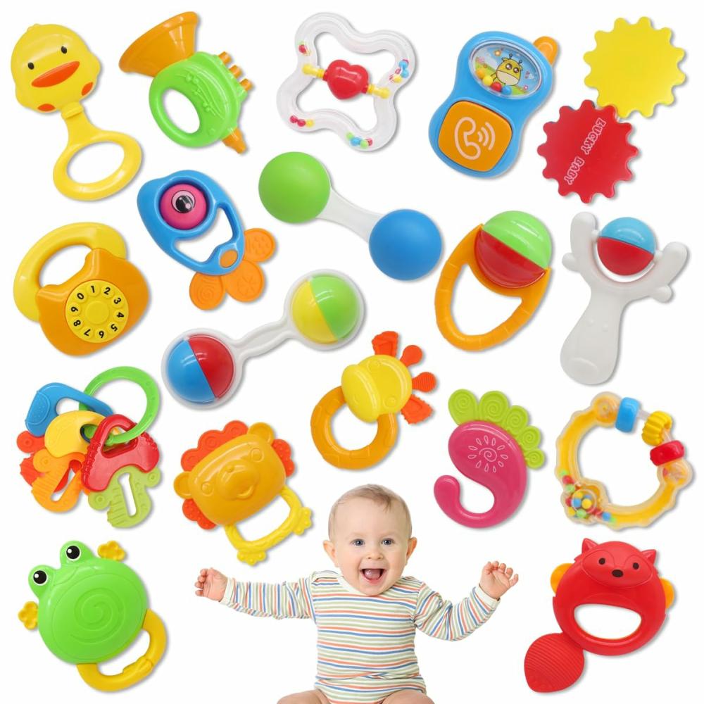 Hochets et anneaux en peluche  | Set de 21 pièces de hochets pour bébé – Jouets pour bébés de 3 à 6 mois – Hochet à saisir et à secouer pour nourrissons – Anneau de dentition sensoriel – Jouets d’apprentissage musical pour les bébés de 3 à 12 mois – Jouets pour nouveau-nés garçons et filles de 1 an.