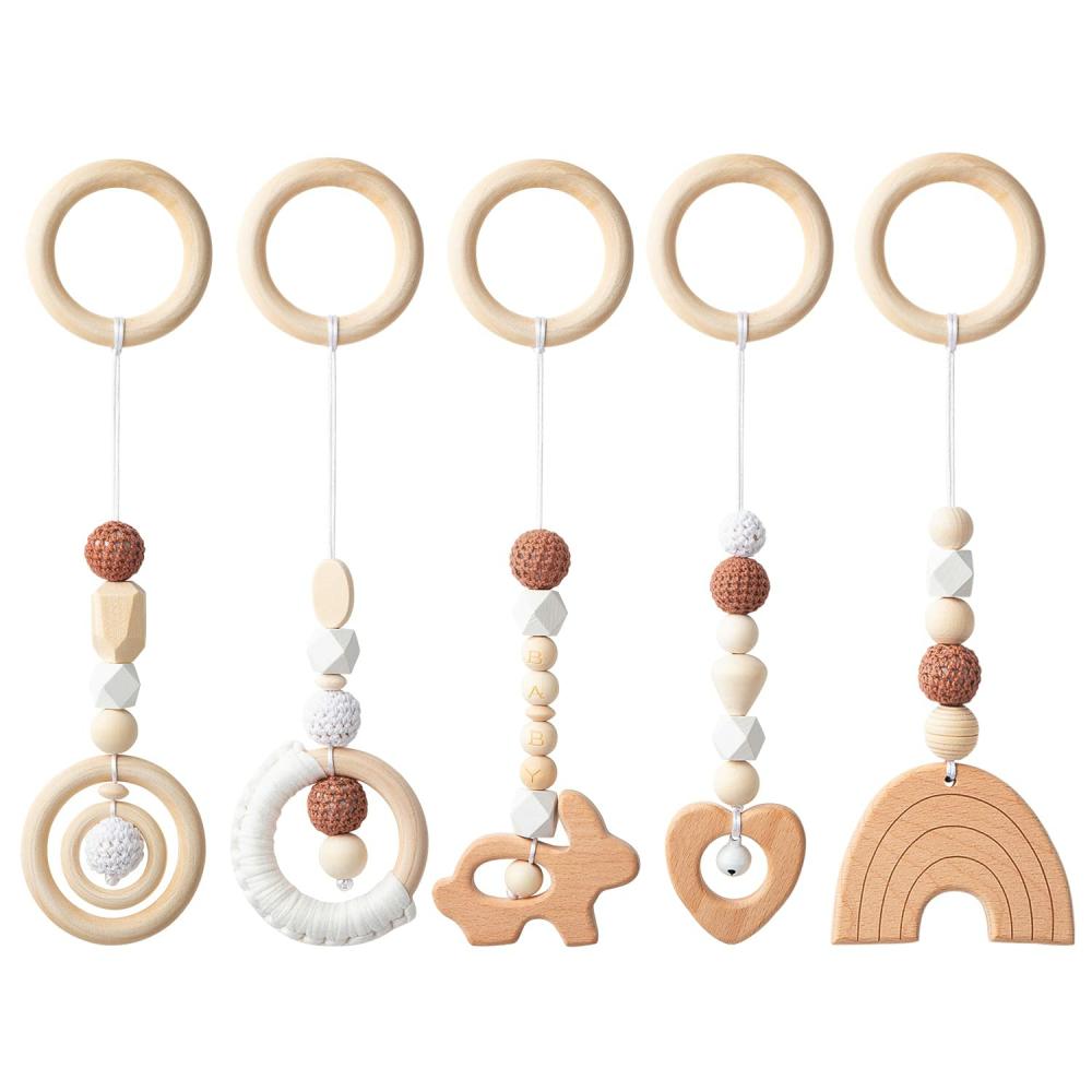 Hochets et anneaux en peluche  | Set de 5 pièces de jouets de gym pour bébé en bois, jouets suspendus pour nourrissons, gym d’activités, hochets en bois, pendentifs de nursing, anneaux de gym, jouets sensoriels, cadeaux d’anniversaire pour garçons et filles.