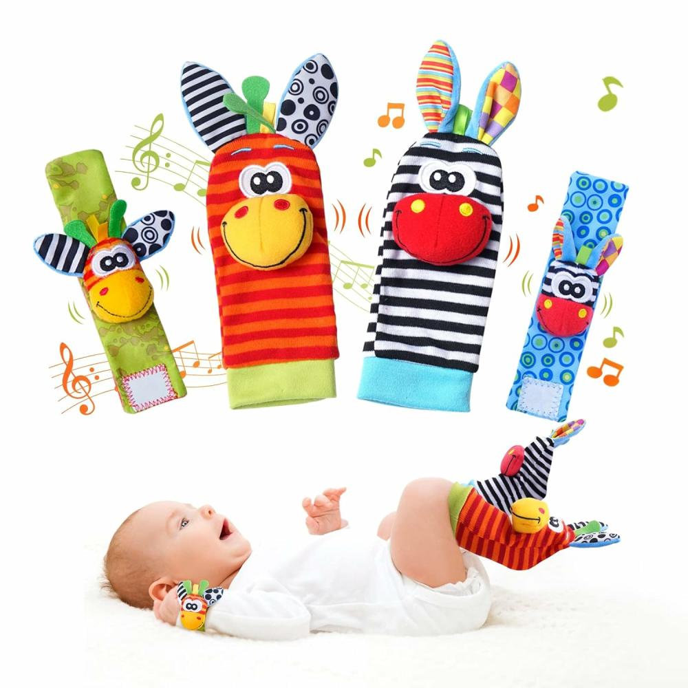 Hochets et anneaux en peluche  | Set de chaussettes avec hochets pour bébé, hochets de poignet et chaussettes de recherche de pieds, jouets sensoriels doux pour nouveau-nés, hochets de poignet pour bébés de 0 à 6 mois, idées de cadeaux pour bébés de 6 à 12 mois (classiques).