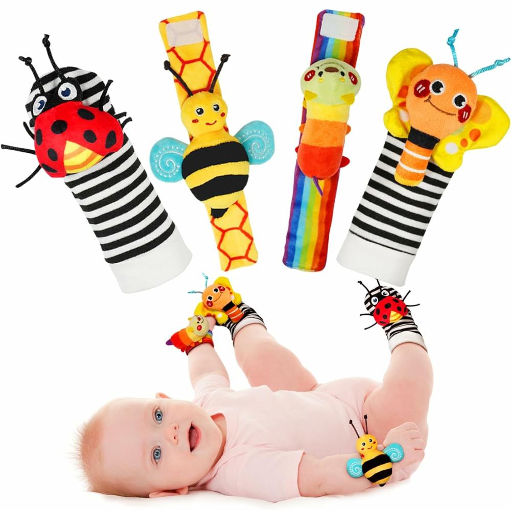 Hochets et anneaux en peluche  | Set de Chaussettes et de Trouve-Pieds avec Hochets pour Bébé – Jouets Parfaits pour Nourrissons de 0 à 12 Mois, Garçons et Filles, Idéal comme Cadeaux de Baby Shower – Série Insectes de Jardin