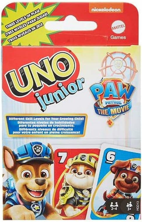 Jeux de cartes sur plateau dédiés  | Jeu de cartes Uno Junior Paw Patrol avec 56 cartes, 2 à 4 joueurs, cadeau pour enfants à partir de 3 ans.