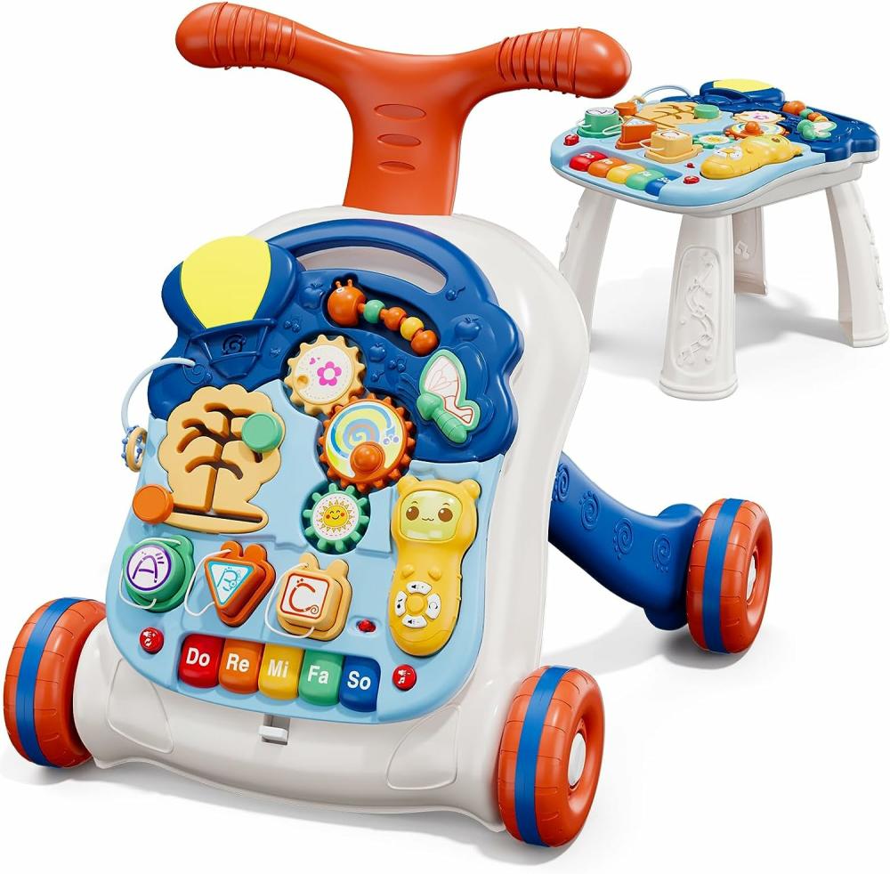 Jouets à tirer et à pousser  | 3 en 1 Poussettes pour Bébé Garçon, Apprentissage de la Marche pour Tout-Petits, Pousseur Assis à Debout pour Bébé Garçon, Jouet Poussoir d’Apprentissage Précoce pour Nourrisson 12-18 Mois Bleu