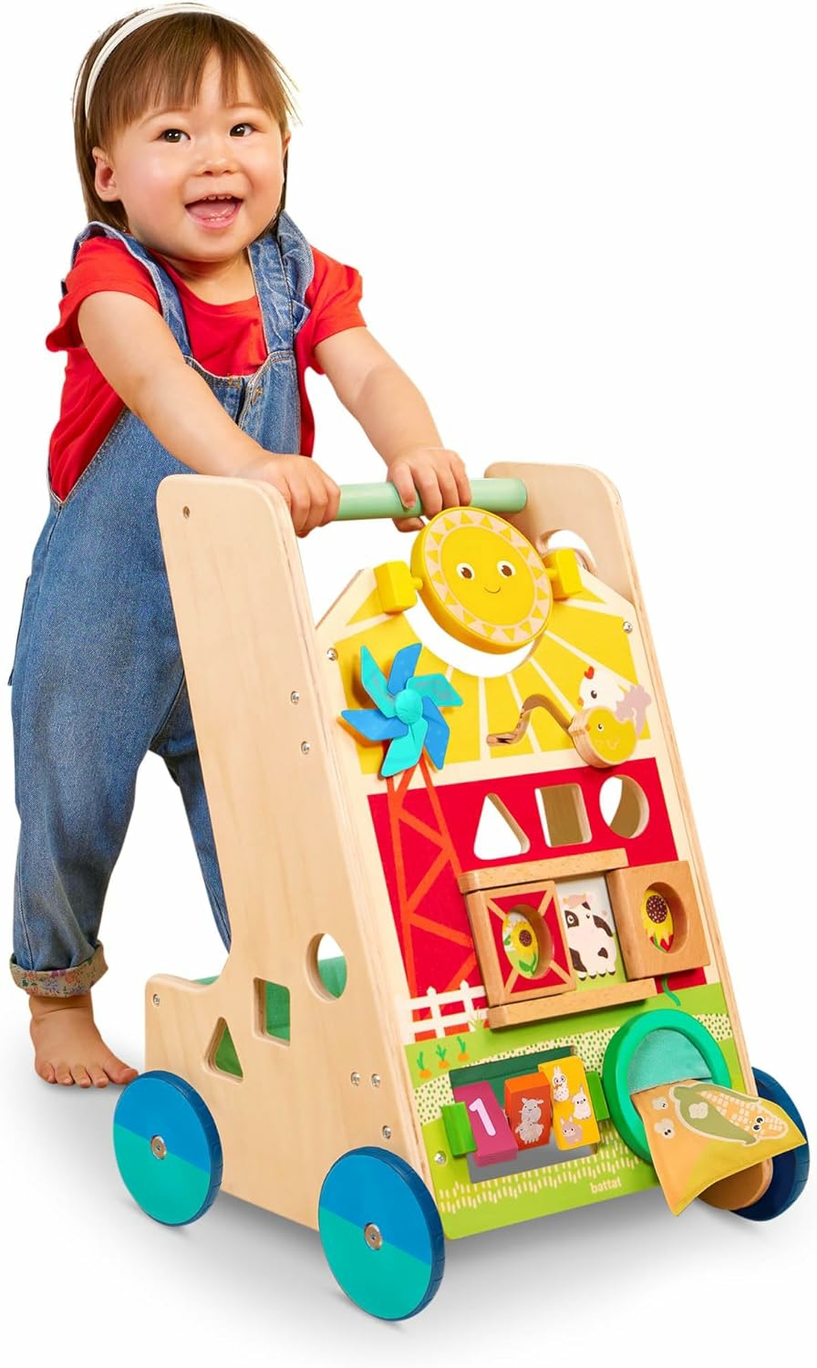 Jouets à tirer et à pousser  | Chariot d’Activités en Bois – 9 Activités Éducatives – Jouet d’Apprentissage et de Marche pour Tout-Petits – Tenez, Poussez, Marchez – À partir de 1 an – Chariot d’Activités Ferme