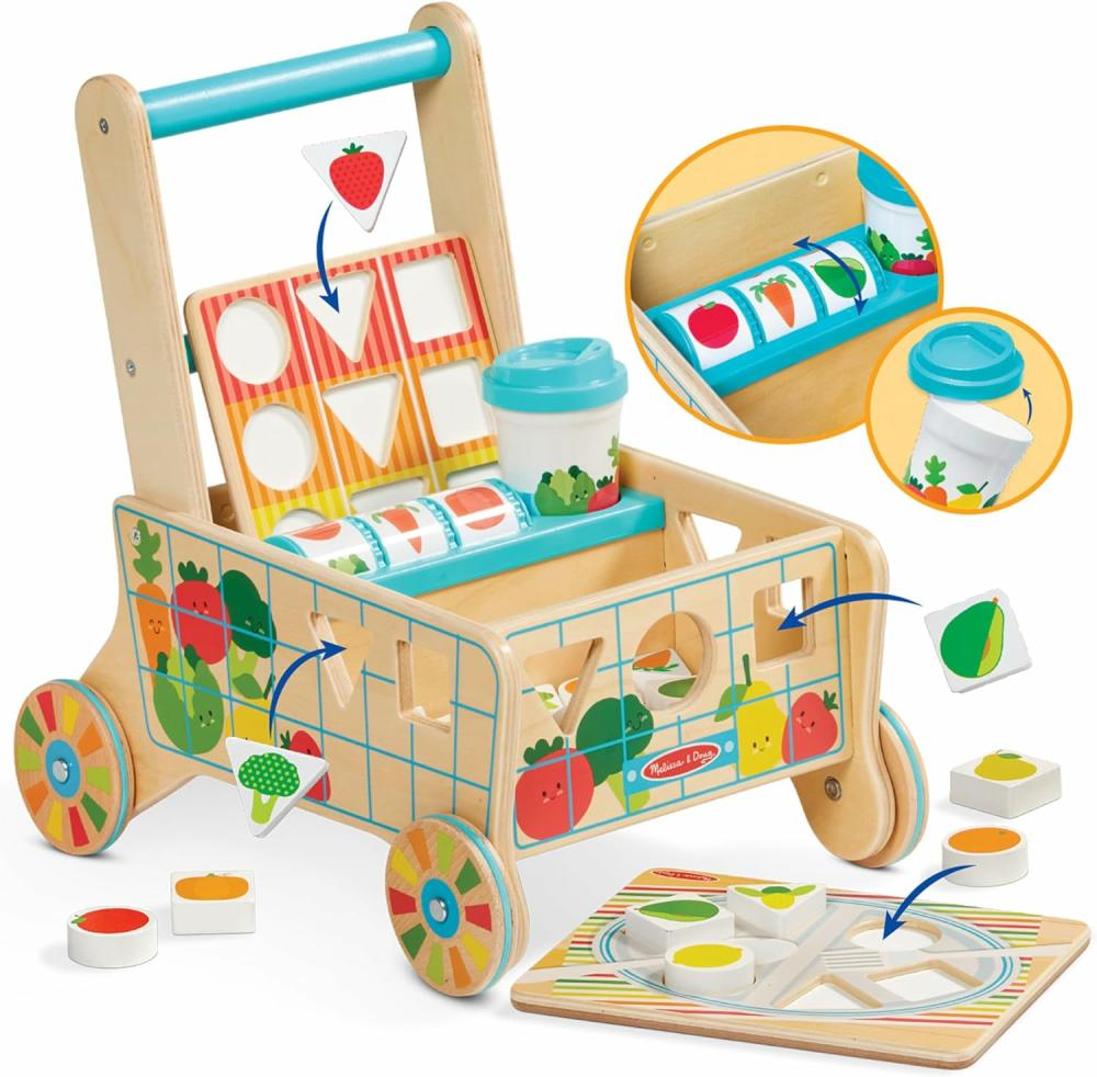 Jouets à tirer et à pousser  | Chariot de courses en bois avec tri de formes et puzzles – Jouets de simulation pour les courses, jouets de tri et d’empilage pour les nourrissons et les tout-petits à partir de 1 an – Matériaux certifiés FSC