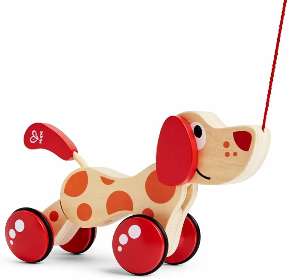 Jouets à tirer et à pousser  | Jouet à tirer en bois Walk-A-Long Puppy | Jouet primé à pousser et tirer pour tout-petits, peut s’asseoir, se lever et rouler. Roues avec bord en caoutchouc pour une action de poussée et de traction facile. Rouge, Rouge/Orange.