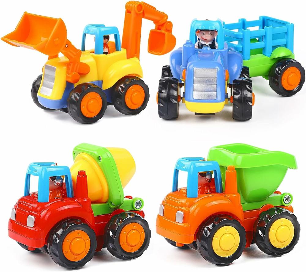 Jouets à tirer et à pousser  | Jouet d’inertie éducatif précoce pour bébé et tout-petit – Voitures à friction, voitures à pousser et à avancer, tracteur, bulldozer, benne à ordures, camion à ciment – Jouets de véhicules d’ingénierie pour enfants, garçons et filles – Cadeau pour enfants, 4 pièces.