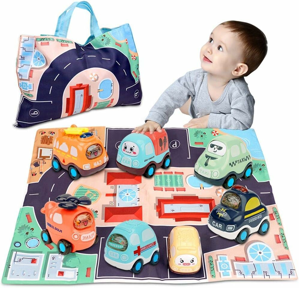 Jouets à tirer et à pousser  | Jouet pour bébé de 1 an | Ensemble de 7 voitures à pousser et à avancer avec tapis de jeu/sac de rangement pour tout-petits | Jouets éducatifs précoces et cadeau d’anniversaire pour garçons et filles de 1 à 3 ans