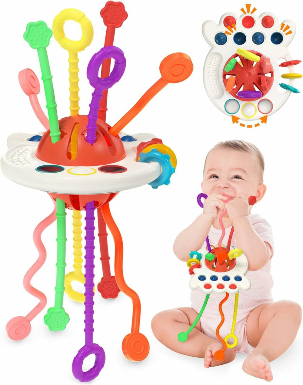 Jouets à tirer et à pousser  | Jouet sensoriel Montessori pour bébé de 6 à 18 mois – Jouet de dentition en silicone avec cordon à tirer – Cadeau d’anniversaire – Jouet de voyage pour garçon ou fille de 1 à 2 ans – Nourrissons et tout-petits de 8 à 10 mois.