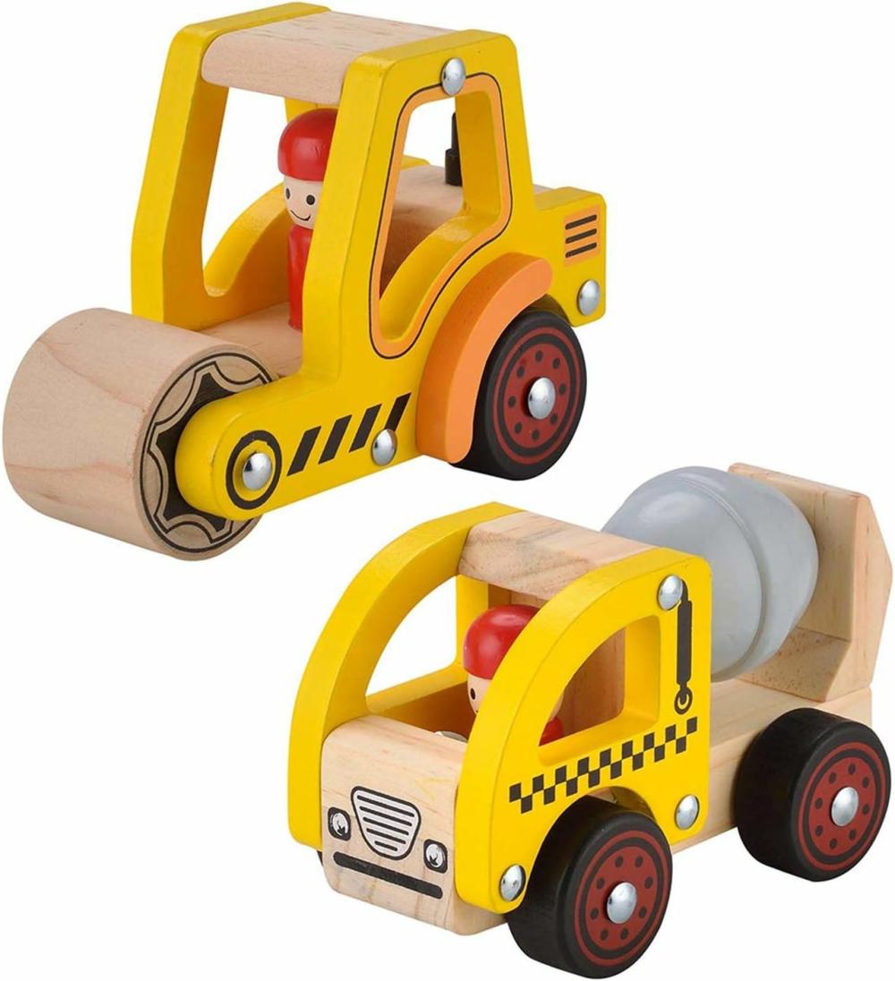 Jouets à tirer et à pousser  | Jouets de voiture en bois à pousser pour bébés de 12 à 18 mois – 2 pièces de jouets de véhicule pour bébés, voitures à pousser à la main pour garçons et filles de 1 à 2 ans (camion-ciment + rouleau compresseur).