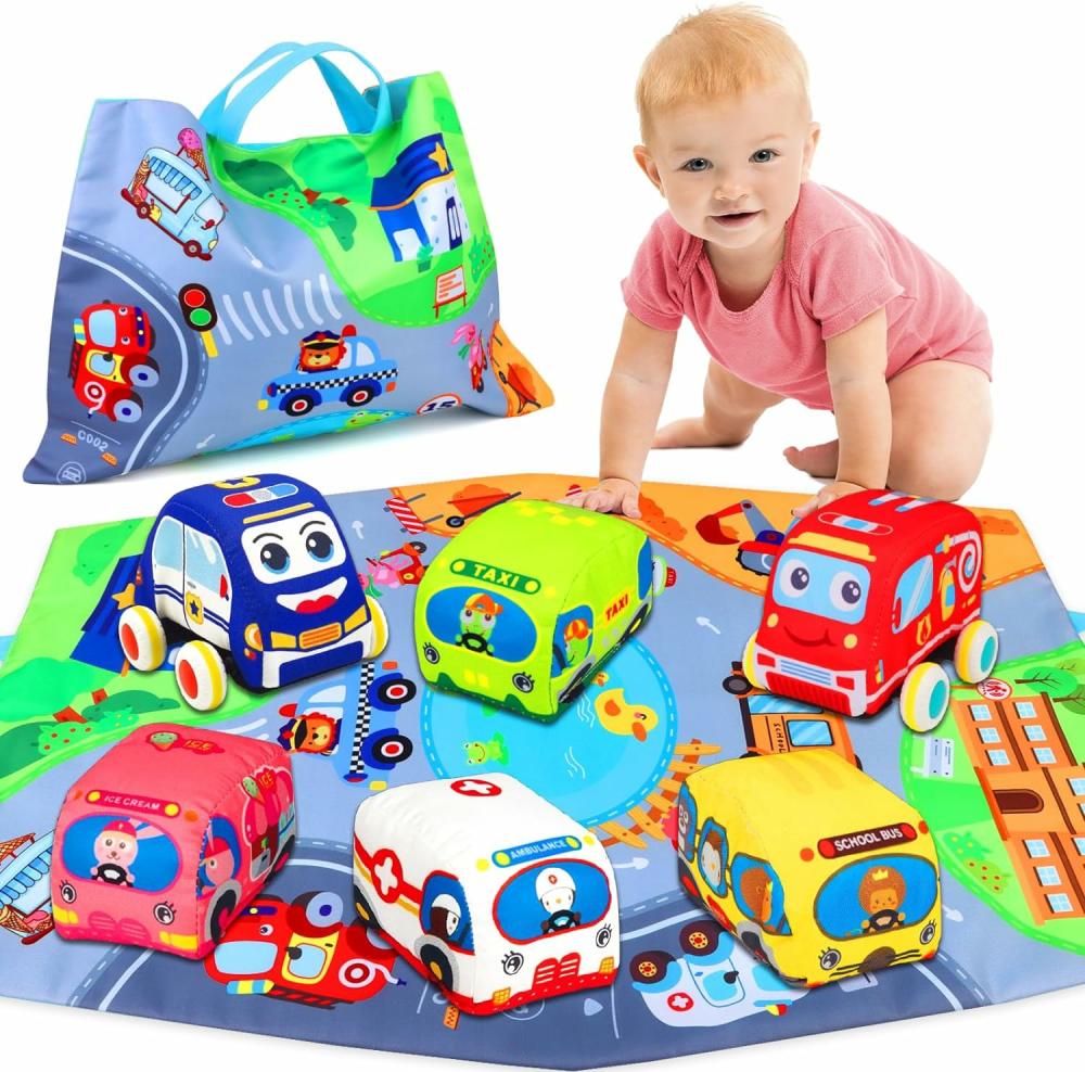 Jouets à tirer et à pousser  | Jouets de voiture en douceur pour garçon et fille de 1 an – Jouets pour bébés de 6 à 12 mois, ensemble de voitures à traction avec tapis de jeu – Cadeaux pour le 1er anniversaire pour les tout-petits de 1 à 2 ans – Jouets pour bébés