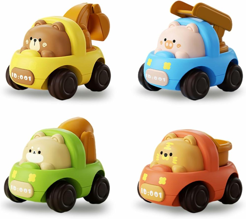 Jouets à tirer et à pousser  | Jouets de voiture pour bébé – 4 pièces de voitures à friction et inertie à pousser pour les tout-petits de 1 à 3 ans – Jouets de camion d’ingénierie pour cadeaux d’anniversaire (001-4Pcs)