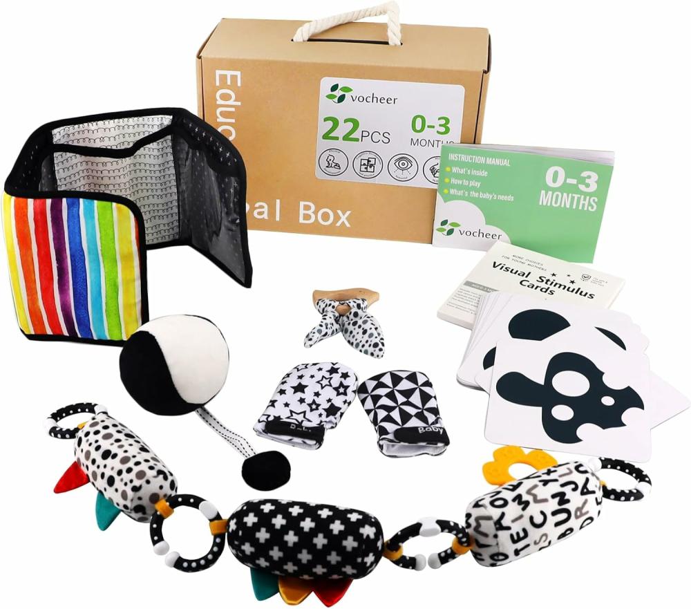 Jouets à tirer et à pousser  | Jouets pour bébés en haute contrast pour nouveau-nés – Ensemble de cadeaux sensoriels noir et blanc 6 en 1 pour 0-3 mois – Kit d’apprentissage éducatif précoce Montessori de 21 pièces