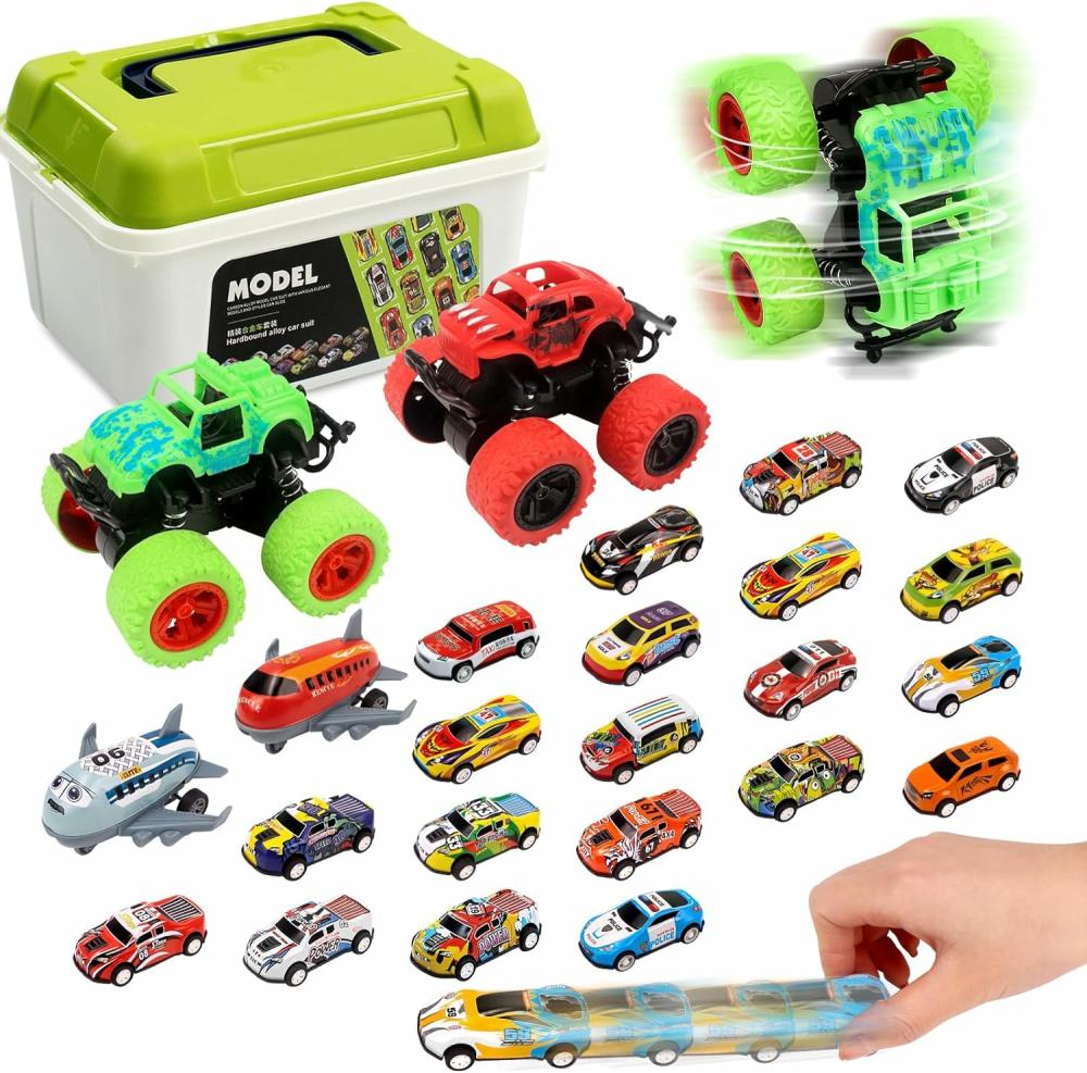 Jouets à tirer et à pousser  | Pack de 24 voitures à tirage arrière et camions monstres avec boîte de rangement – voitures de jouet pour bébés, voitures de course, véhicules, cadeaux d’anniversaire, remplisseurs de pinata, petits cadeaux de Noël pour garçons et filles, tout-petits de 3 à 5 ans.