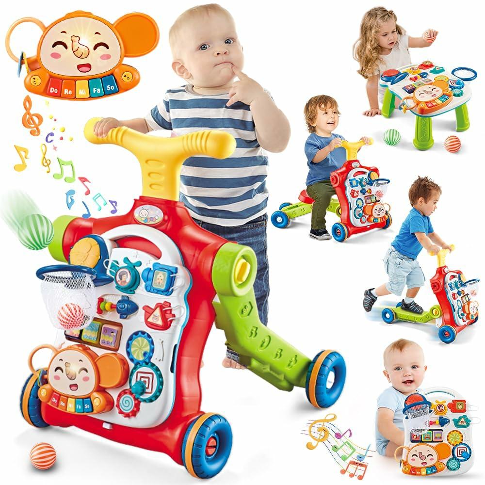 Jouets à tirer et à pousser  | Porteur Bébé 5 en 1 – Trottinette/ Vélo d’Équilibre/ Pousseur/ Table d’Activités/ Panneau Détachable, Jouets Pousseurs avec Musique pour Tout-Petits Filles et Garçons