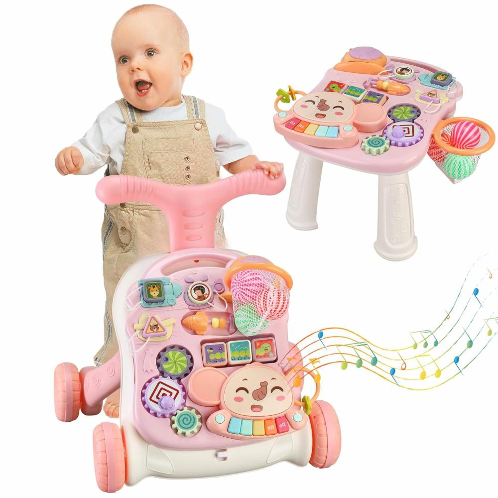 Jouets à tirer et à pousser  | Pousseur de bébé 3 en 1 : Trottinette d’apprentissage assis-debout avec roues, centre d’activités éducatif multiple pour enfants, jouet musical d’apprentissage, cadeau pour bébés garçons et filles (Rose)