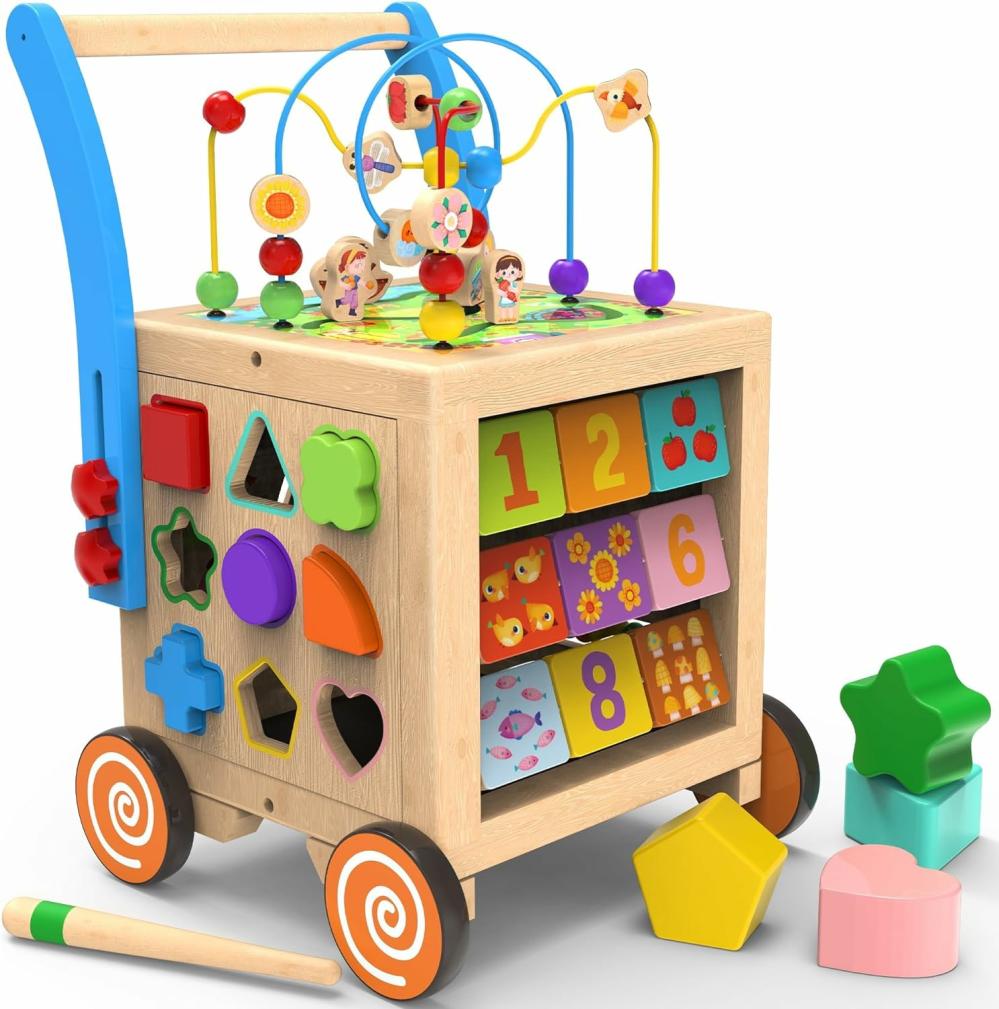 Jouets à tirer et à pousser  | Pousseur en Bois pour Bébé | Cube d’Activités en Bois 9-en-1 Centre d’Activités Apprentissage Assis-à-Debout Jouets Pousse et Tire Éducatifs pour Bébés et Tout-Petits Garçons Filles Réglable en Hauteur et Frein