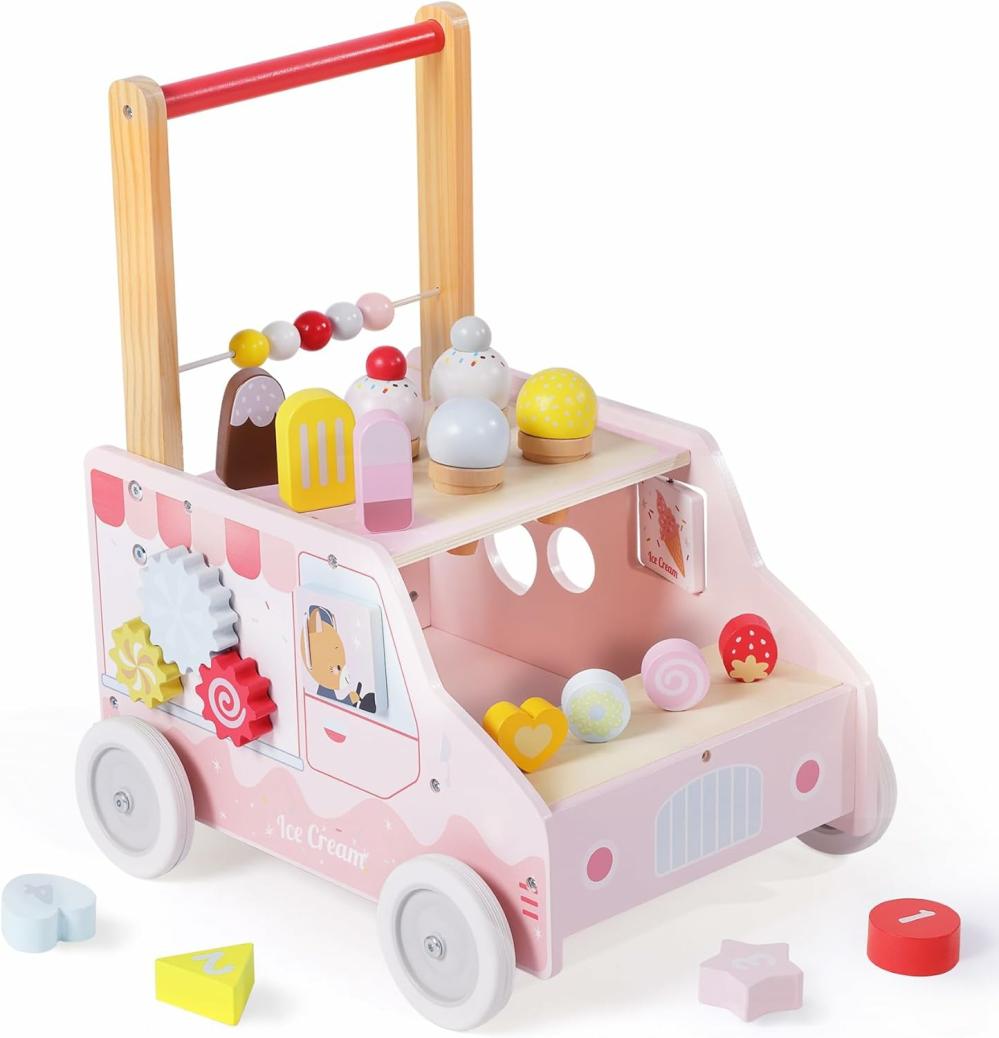 Jouets à tirer et à pousser  | Pousseur en bois pour bébé – Pousseur d’activités pour bébés – Jouets d’apprentissage de marche à vitesse réglable – Pousseur et tireur en bois pour tout-petits – Cadeau d’anniversaire pour filles de 1 à 3 ans