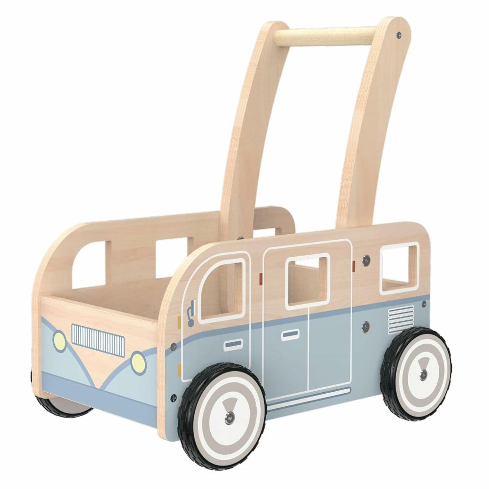 Jouets à tirer et à pousser  | Pousseur Walker Bus – Pousseur en bois pour bébés garçons et filles – Pousseur debout et apprenant pour tout-petits de 1 à 3 ans – Bleu