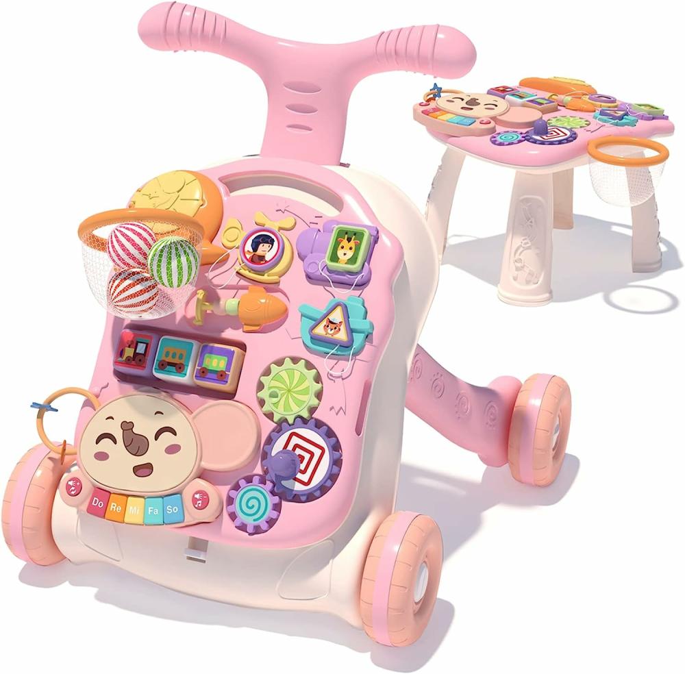 Jouets à tirer et à pousser  | Trois en un : Trottinette et centre d’activités pour fille, apprentissage de la marche pour tout-petit, jouets à pousser pour bébé de 6 à 12 mois, rose.