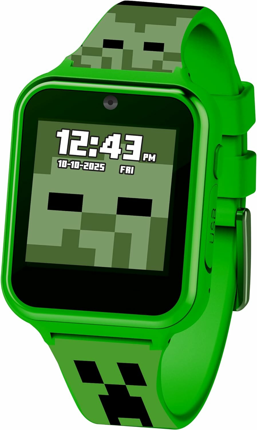 Jouets électroniques de développement précoce  | Montre intelligente éducative verte Minecraft pour enfants – Jouet tactile pour filles, garçons et tout-petits – Caméra selfie, jeux éducatifs, alarme, calculatrice, podomètre et plus (Modèle : Min4130Az)