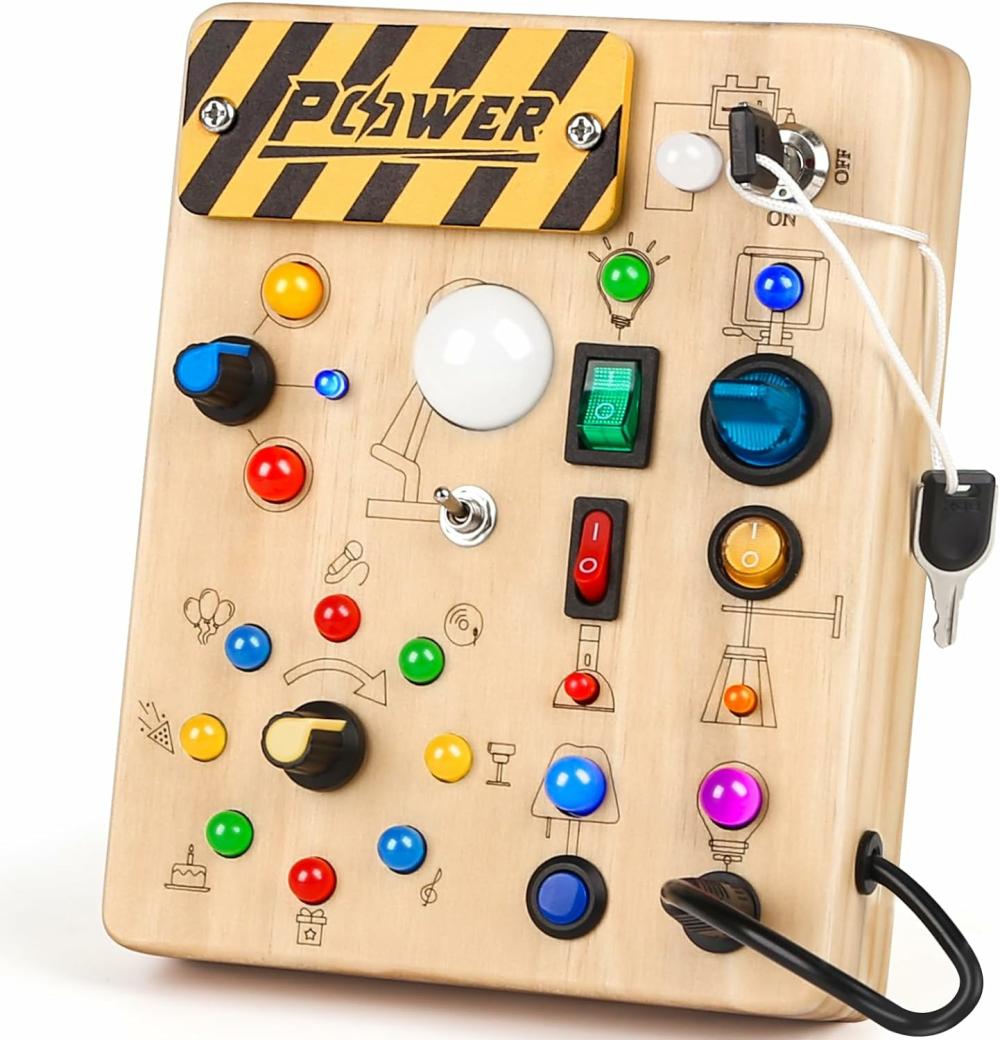 Jouets électroniques de développement précoce  | Tableau d’activités Montessori pour tout-petits – Tableau sensoriel en bois LED de 19 pièces avec 10 designs de lumière à interrupteur – Jouets éducatifs pour le développement précoce des compétences motrices fines – Jouets de voyage pour garçons et filles.