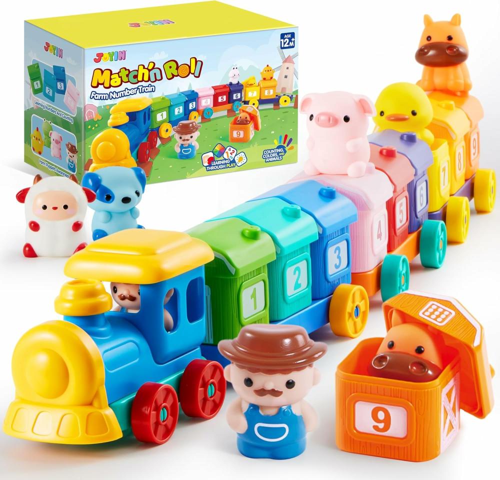 Jouets d’éveil et d’activité  | Jouet d’apprentissage pour tout-petits de 1 à 3 ans – Comptage, appariement et tri – Train de ferme Montessori incluant 9 animaux de la ferme et 1 fermier – Cadeau de Noël ou d’anniversaire pour bébés garçons et filles.