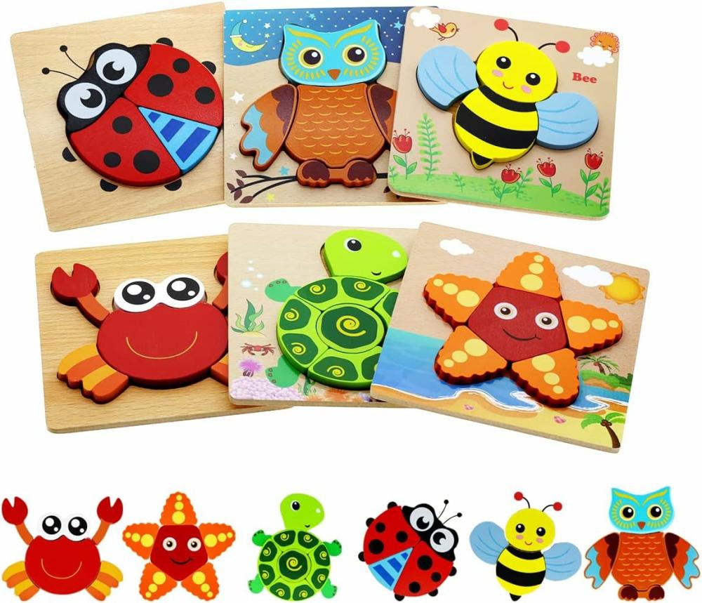 Jouets d’éveil et d’activité  | Jouets Montessori pour garçons et filles de 1 à 3 ans, puzzles en bois pour tout-petits, jouets éducatifs pour bébés et enfants, cadeaux pour tout-petits de 1 à 3 ans, 6 puzzles en forme d’animaux, jouets de construction STEM écologiques pour les voyages.