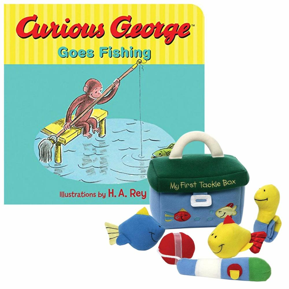 Jouets d’éveil et d’activité  | Mon Premier Coffre à Outils Jouet Peluche et Livre en Carton Ensemble « Curious George Va à la Pêche »