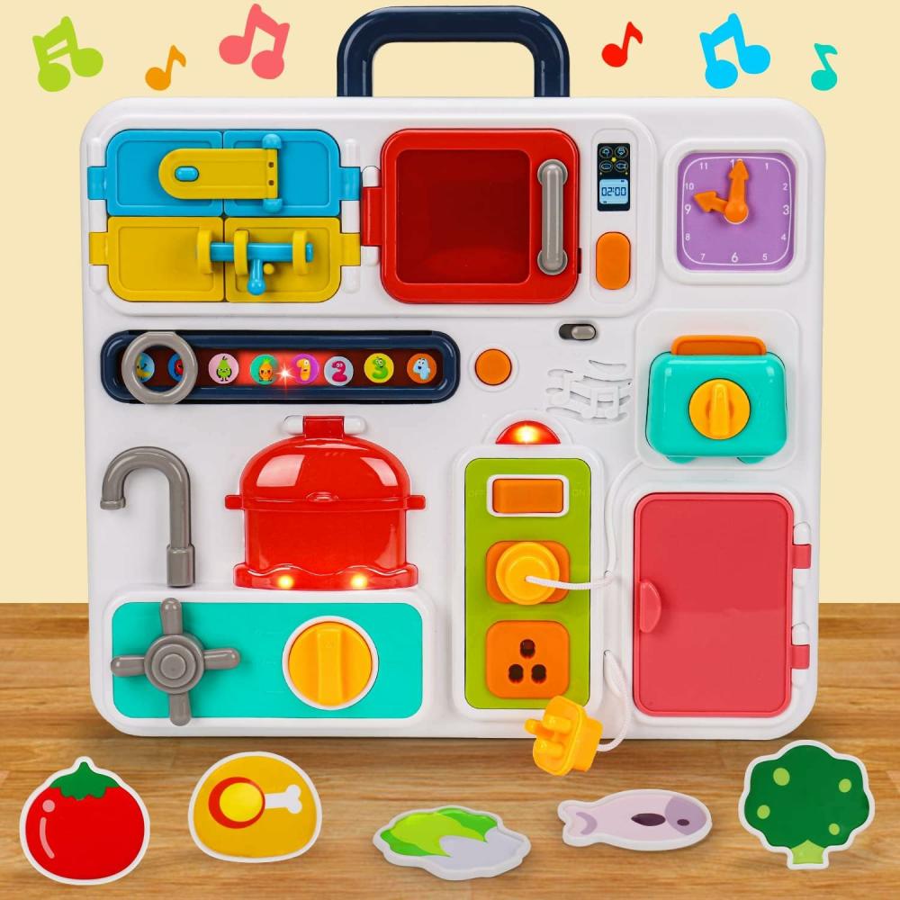 Jouets d’éveil et d’activité  | Tableau d’activités de cuisine pour tout-petits 1-3 ans, jouets de voyage lumineux et musicaux pour bébés, jouets pour tout-petits de 12-18 mois, jouets pour enfants de 1-2 ans et 2-4 ans, jouets sensoriels Montessori pour l’autisme, jouets de motricité fine, jouet de siège auto pour un an, cadeau de Pâques.