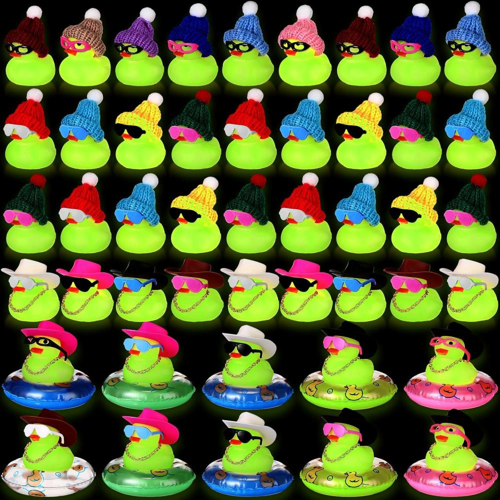 Jouets de bain  | 140 pièces de canards en caoutchouc phosphorescents – Mini canards lumineux en gros – Jouets de bain fluorescents assortis avec lunettes de soleil, colliers et chapeaux pour l’été, fête de bébé ou anniversaire.