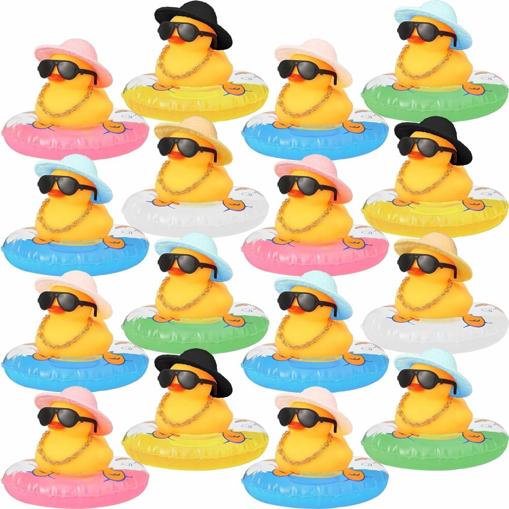 Jouets de bain  | 16 Pièces Canards en Caoutchouc Décoration de Voiture Canard Décorations de Tableau de Bord Canard Jaune Accessoires de Voiture Avec Mini Chapeau Anneau de Natation Collier Lunettes de Soleil Pour Favors de Fête Anniversaires Temps de Bain