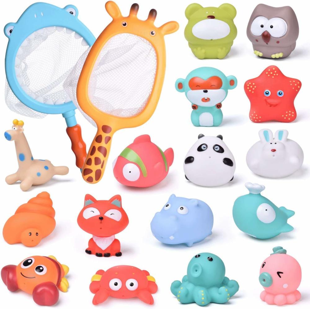 Jouets de bain  | 18 pièces de jouets de bain pour bébé avec des animaux marins mignons et doux, gicleurs de bain et filet de pêche, jouets aquatiques pour enfants