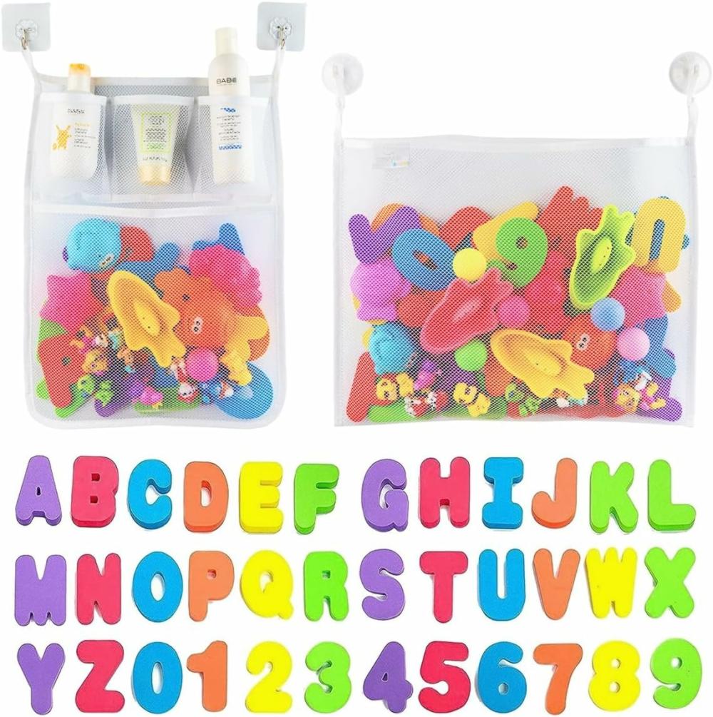 Jouets de bain  | 2 X Organisateur de jouets de bain en maille + 6 crochets ultra résistants + 36 lettres et chiffres de bain – Lettres en mousse éducatives et écologiques, parfait filet de rangement pour jouets de bain pour bébés et plus encore.